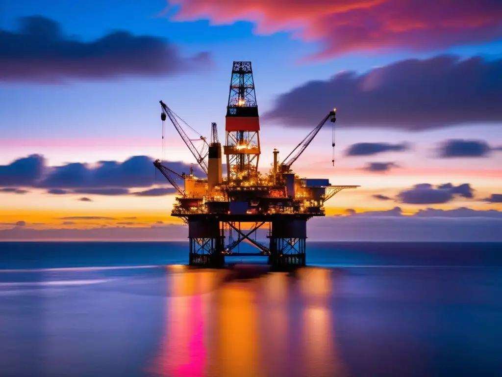 Plataforma petrolera en el océano al atardecer La plataforma petrolera en el mar al atardecer con una mezcla de colores vibrantes, mostrando la reforma energética fiscal petróleo gas