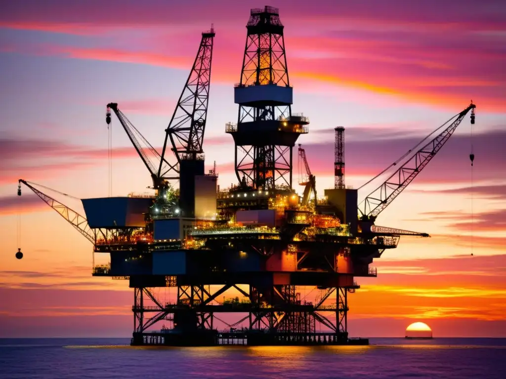 Plataforma petrolera en el ocaso: innovación y profesionalismo Una plataforma petrolera en el mar al atardecer, con tonos anaranjados y rosados reflejados en el agua, mostrando la complejidad y significado de la industria del petróleo y gas