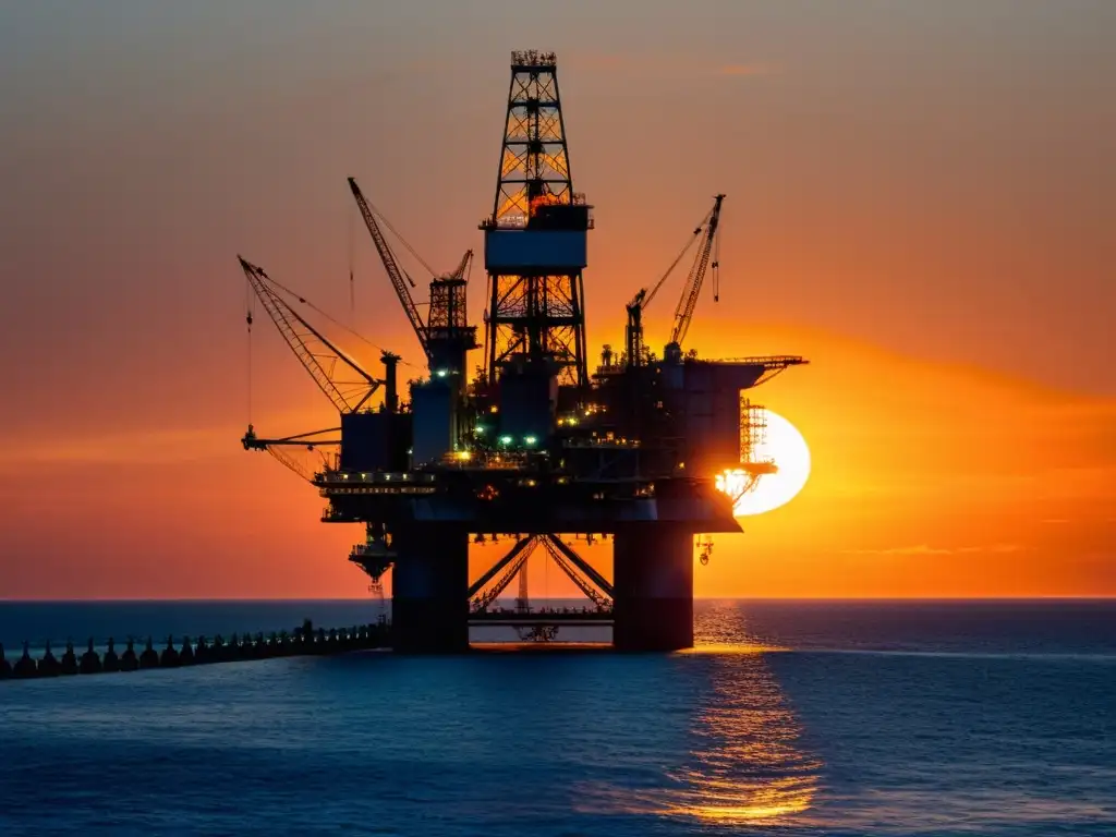 Atardecer dorado en plataforma petrolera Plataforma petrolera en el mar al atardecer, reflejando la luz dorada del sol