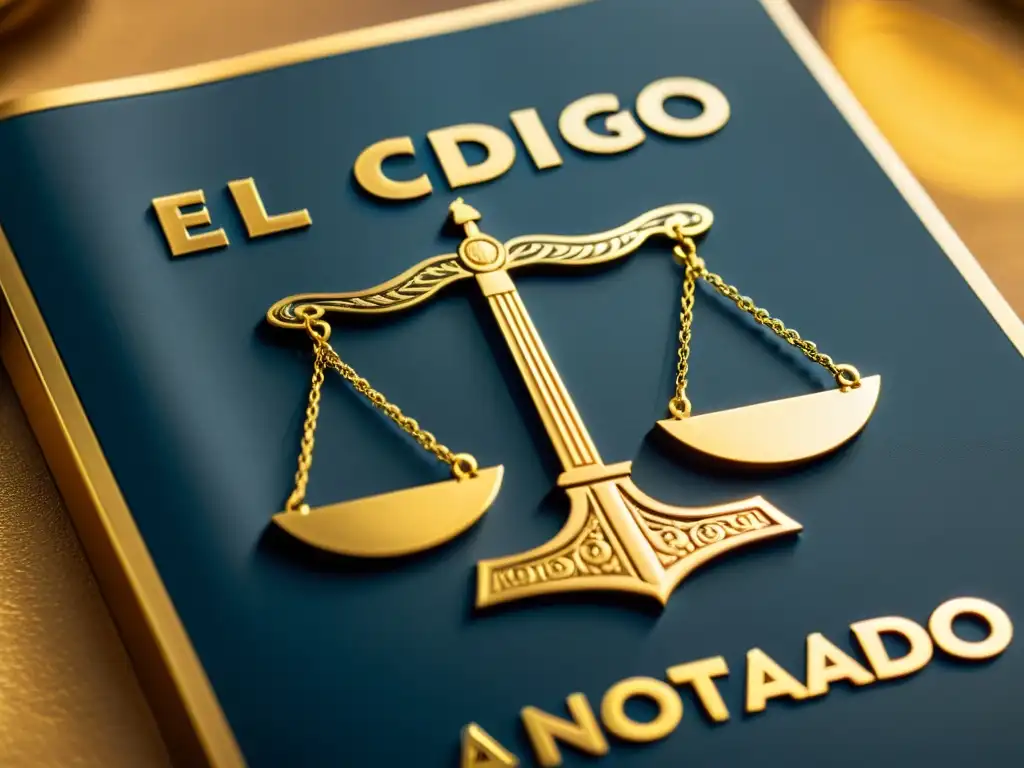 Portada detallada de 'El Código Tributario Anotado' con letras doradas en relieve Portada del libro El Código Tributario Anotado con detalles dorados y símbolos legales, para una reseña exclusiva