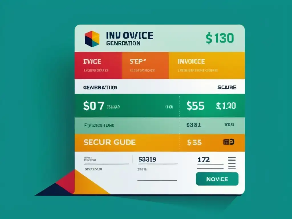 Generación de facturas en línea: proceso moderno y eficiente Proceso de generación de facturas en línea con diseño moderno y colores vibrantes, integración con plataformas de comercio electrónico y seguridad en datos para cumplir con la fiscalidad del IVA en ecommerce