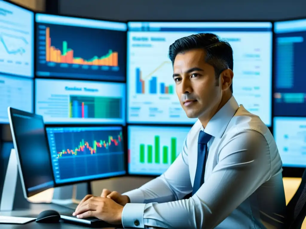 Profesional colombiano usando software tributario digital de vanguardia Profesional colombiano usa software tributario digital en oficina moderna, reflejando eficiencia y confianza