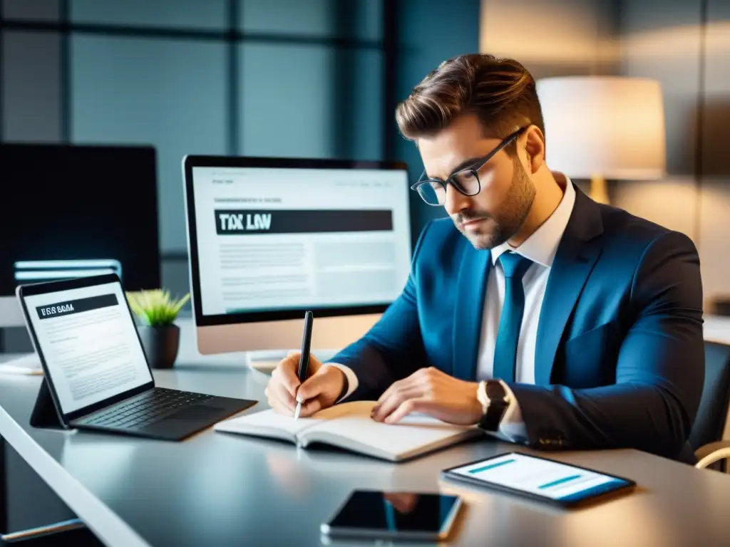 Abogado moderno: Leyes fiscales en digital Un profesional concentrado en su ebook sobre derecho tributario, rodeado de dispositivos digitales en un moderno escritorio