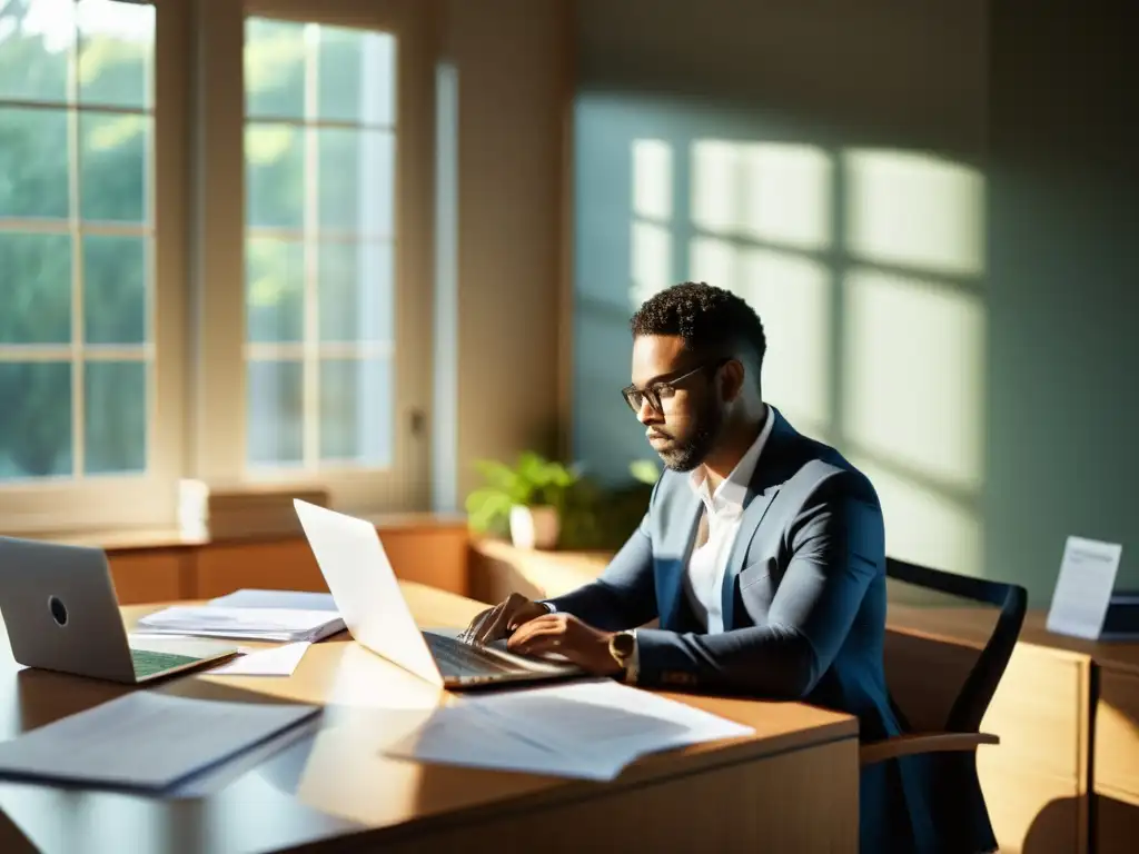 Experto en impuestos concentrado en la planificación financiera Un profesional concentrado trabaja en planificación tributaria con documentos y un portátil moderno, iluminado por luz natural