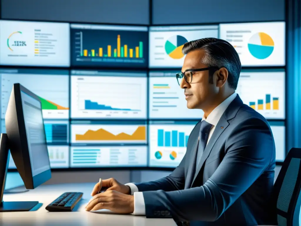 Contador digital en oficina: eficiencia tributaria en Colombia Profesional contable utiliza software de digitalización tributaria en Colombia, rodeado de gráficos y con expresión enfocada