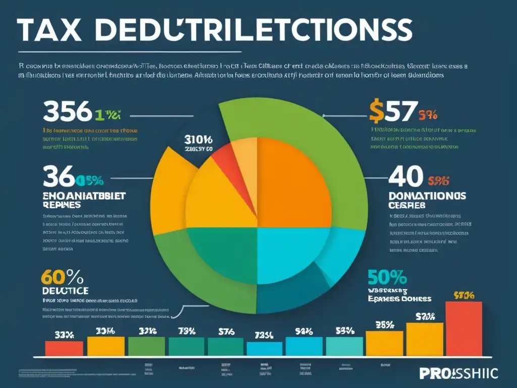 Infografía Profesional: Deducciones Fiscales Detalladas Infografía profesional de deducciones fiscales con gráficos y colores llamativos para estrategia planificación fiscal deducciones fiscales