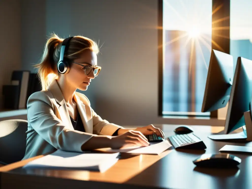 Profesional enfocado en cumplimiento tributario digital Un profesional diligente trabaja en formularios de impuestos digitales