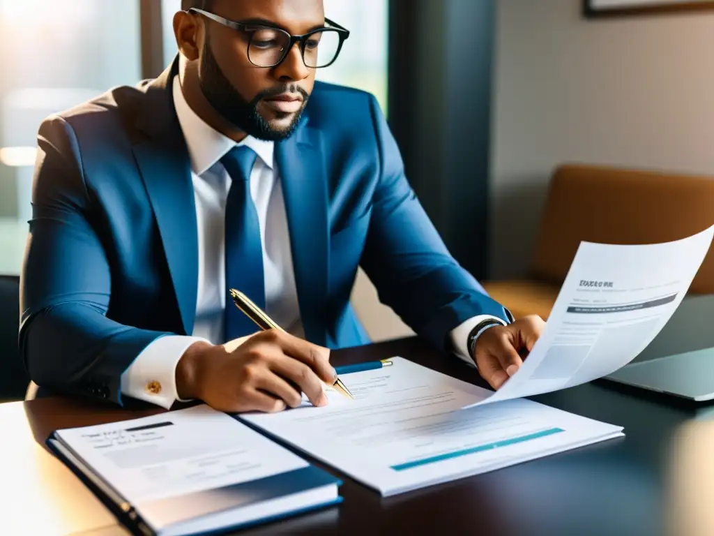 Profesional revisando documentos financieros en oficina moderna Profesional revisando documentos financieros en un escritorio moderno bañado por luz natural, con la ciudad de fondo