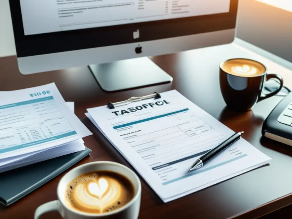 Oficina moderna con profesional revisando documentos Profesional revisando documentos financieros en una oficina moderna con preparación impuestos federales temporada declaración