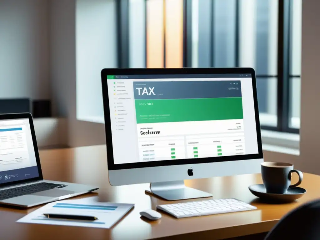 Software de Gestión de Impuestos: Eficiencia y Profesionalismo Profesional revisando documentos financieros con software de gestión tributaria eficiente en una oficina moderna y ordenada