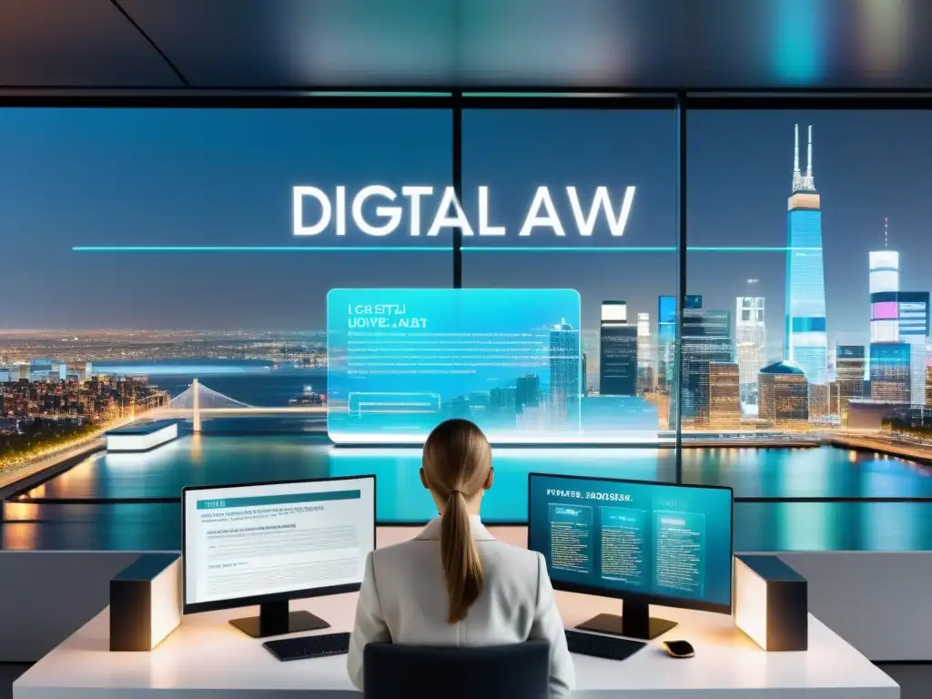Interfaz holográfica de leyes fiscales digitales en oficina futurista Profesional navegando ediciones digitales en derecho tributario en interfaz holográfica futurista en oficina moderna con vista panorámica a la ciudad