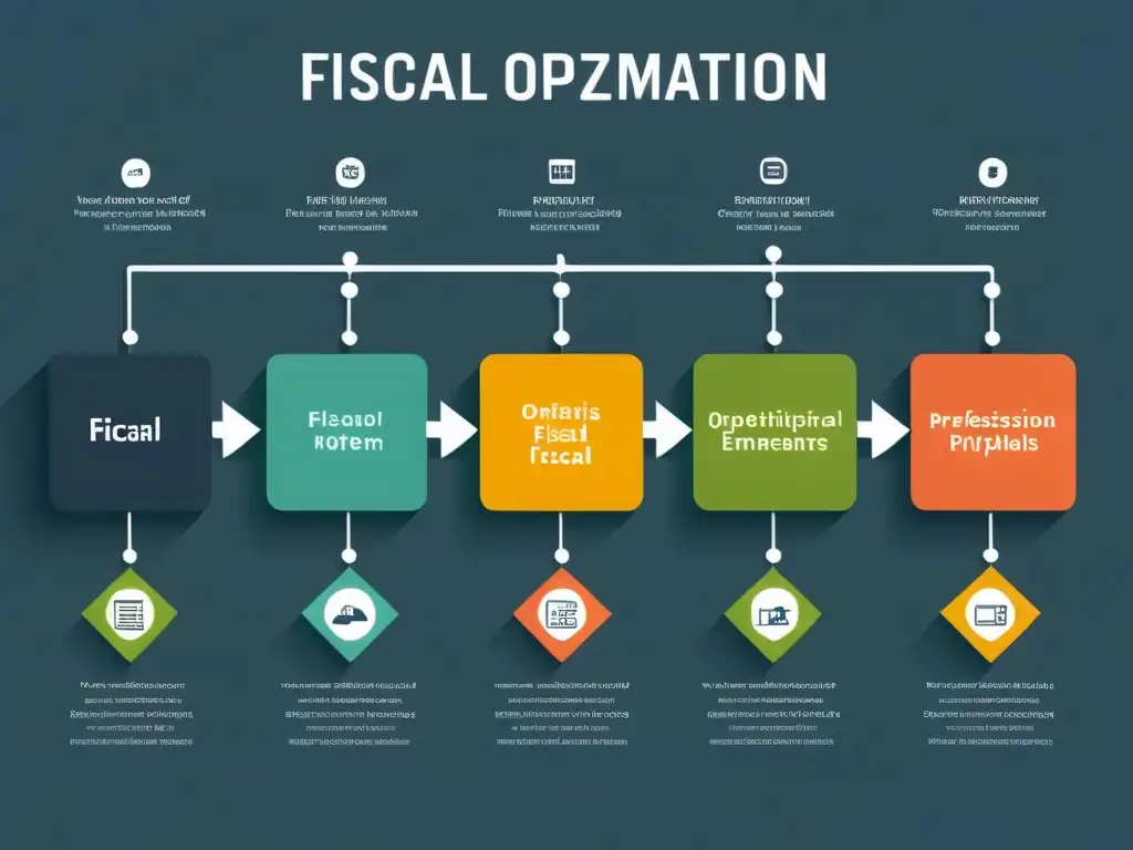 Flujo fiscal óptimo: moderna ilustración detallada Flowchart profesional de optimización fiscal para emprendedores, con pasos claros y conexiones visuales