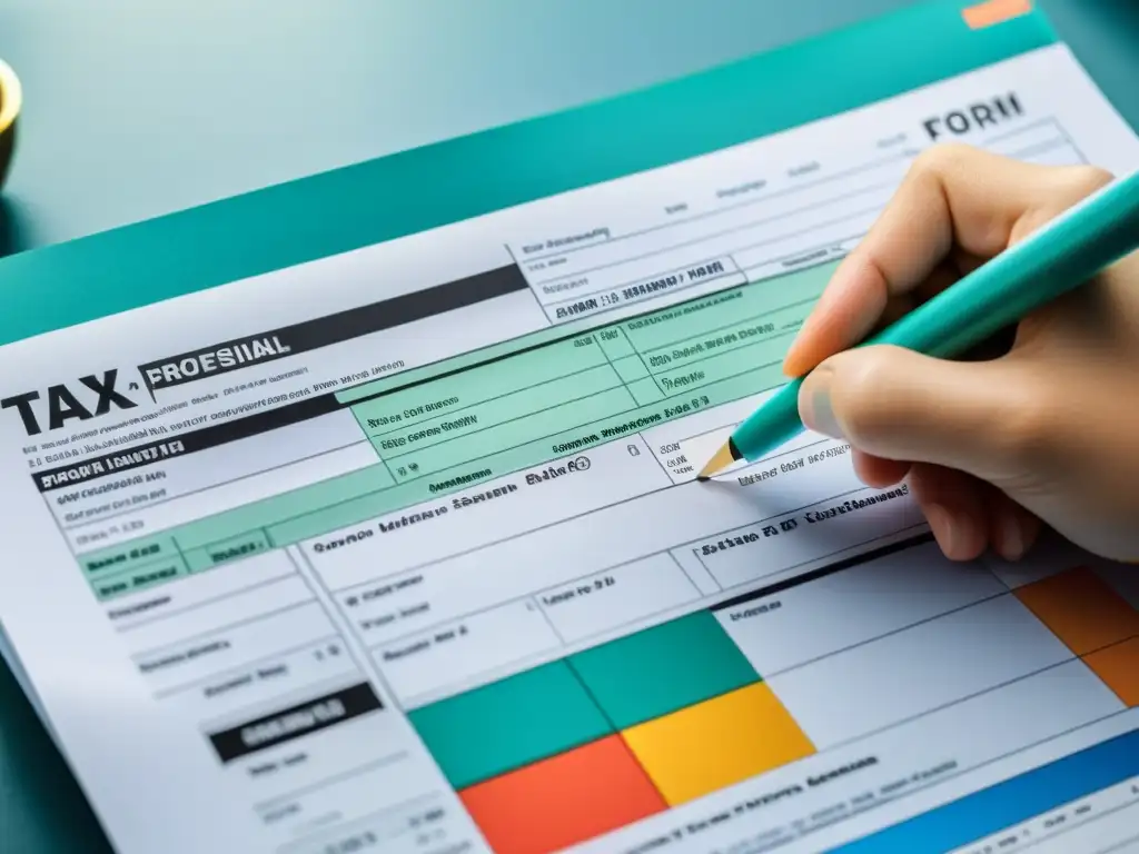 Formulario tributario detallado: experto en acción Un profesional llena un formulario fiscal complejo con precisión y sofisticación