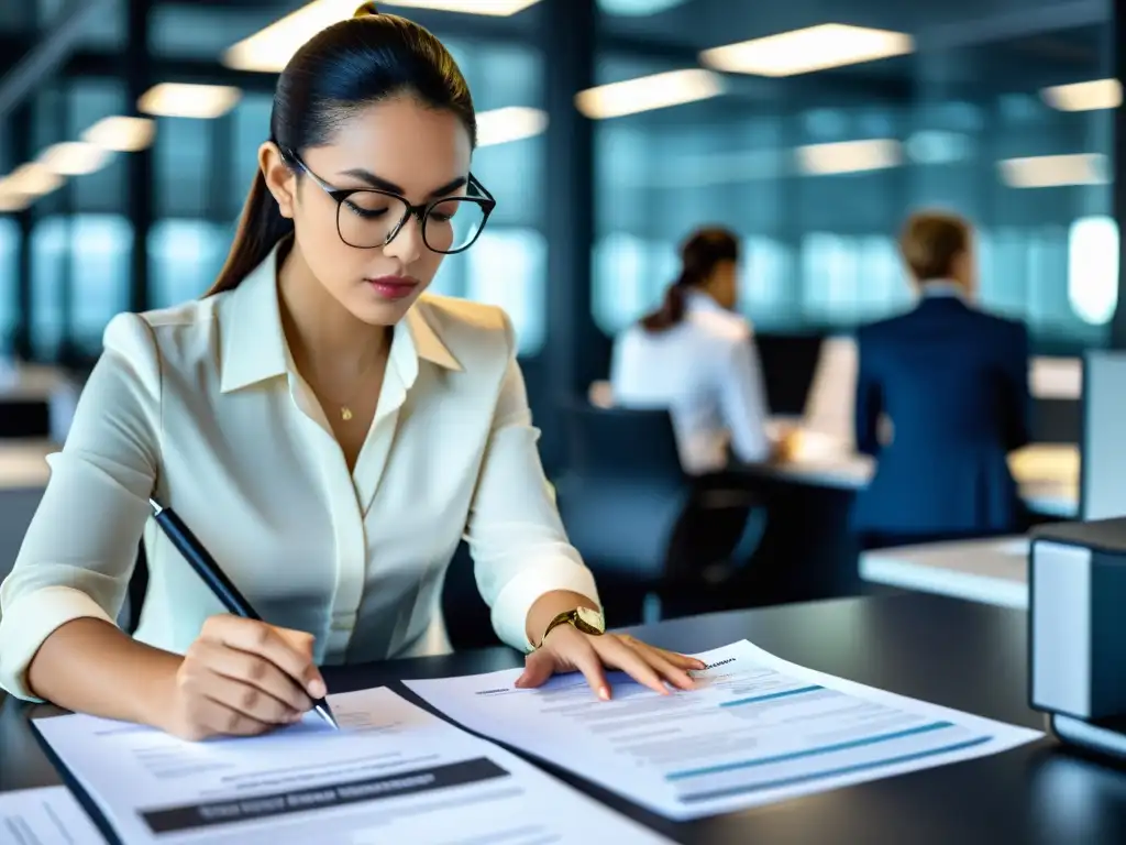 Experto revisando formulario fiscal en oficina moderna Un profesional revisa minuciosamente un formulario tributario en un espacio de trabajo elegante y moderno