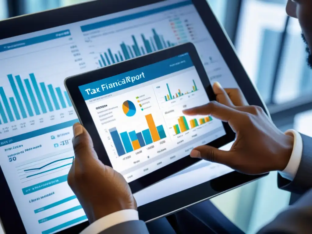 Experto en Finanzas Públicas: Análisis Detallado en Tableta Un profesional examina detalladamente un informe financiero en una tableta en una oficina contemporánea