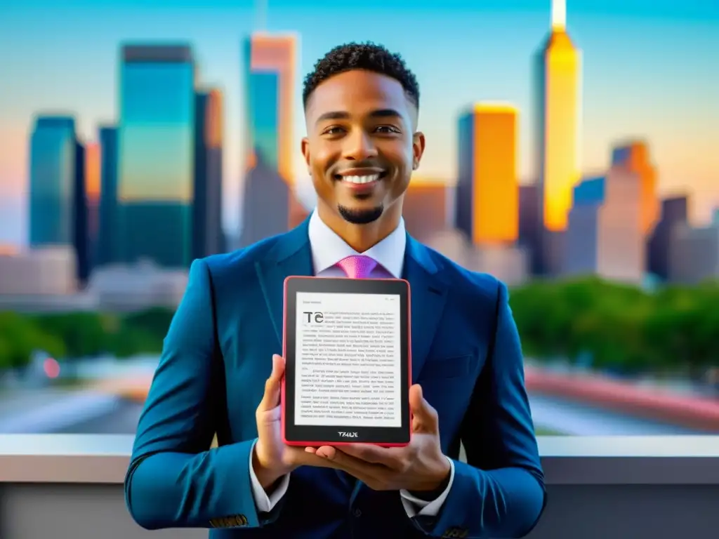 Abogacía moderna: ereader interactivo con libros de derecho en la ciudad Un profesional sostiene un lector electrónico con ediciones digitales en derecho tributario, con una ciudad futurista de fondo