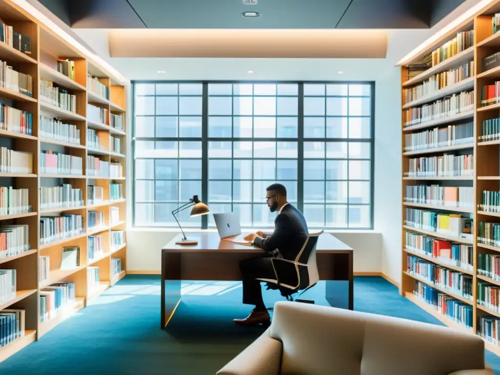 Revista fiscal 2023: Biblioteca moderna y sofisticada Profesional leyendo las mejores revistas actualización fiscal 2023 en biblioteca moderna y luminosa