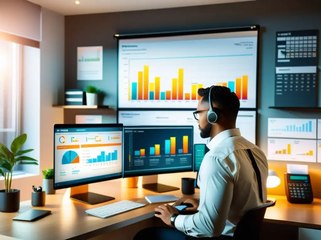 Software de gestión fiscal aumenta eficiencia | Oficina moderna Profesional analiza software de gestión tributaria eficiente en oficina moderna con gráficos de eficiencia y rentabilidad