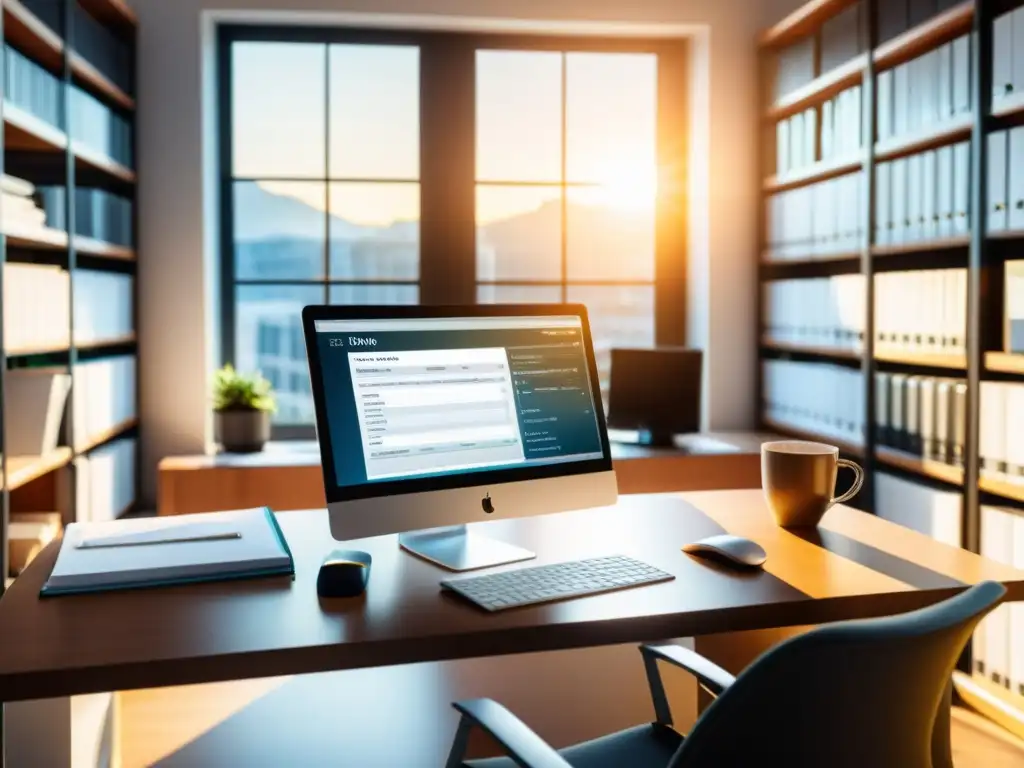 Contador revisando software de cumplimiento tributario Profesional revisa software tributario tras Brexit en oficina con documentos financieros y libros de leyes