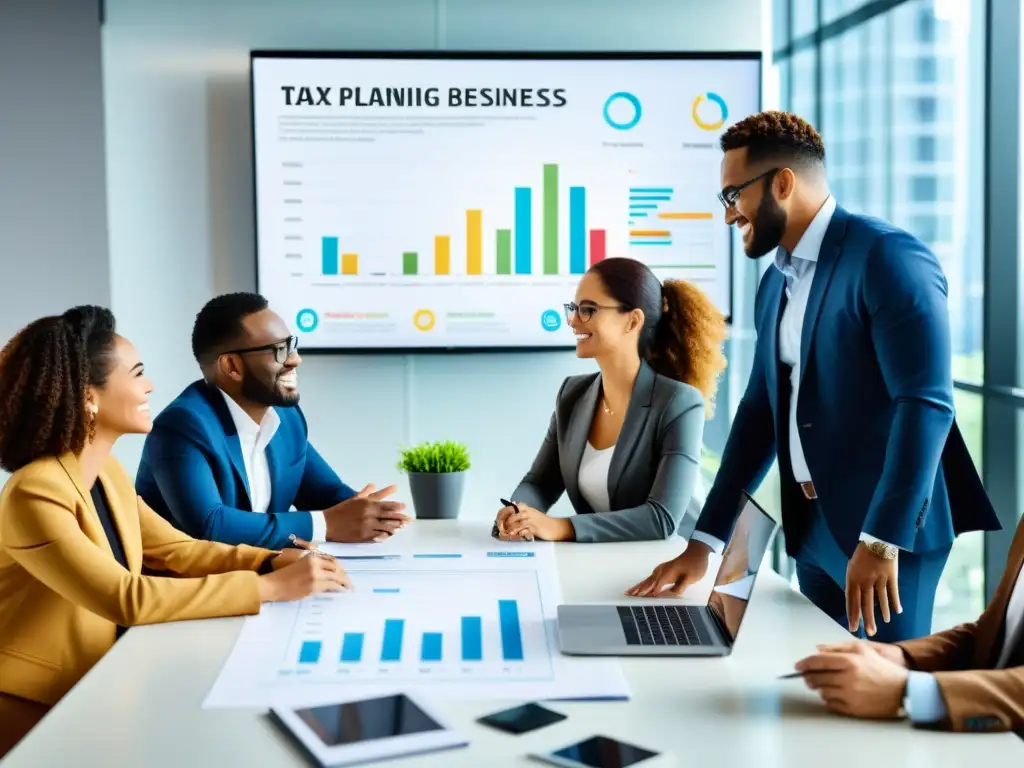 Profesionales debaten estrategias fiscales para empresas familiares Profesionales en una animada discusión sobre 'Planificación fiscal para empresas familiares' en una oficina moderna y luminosa