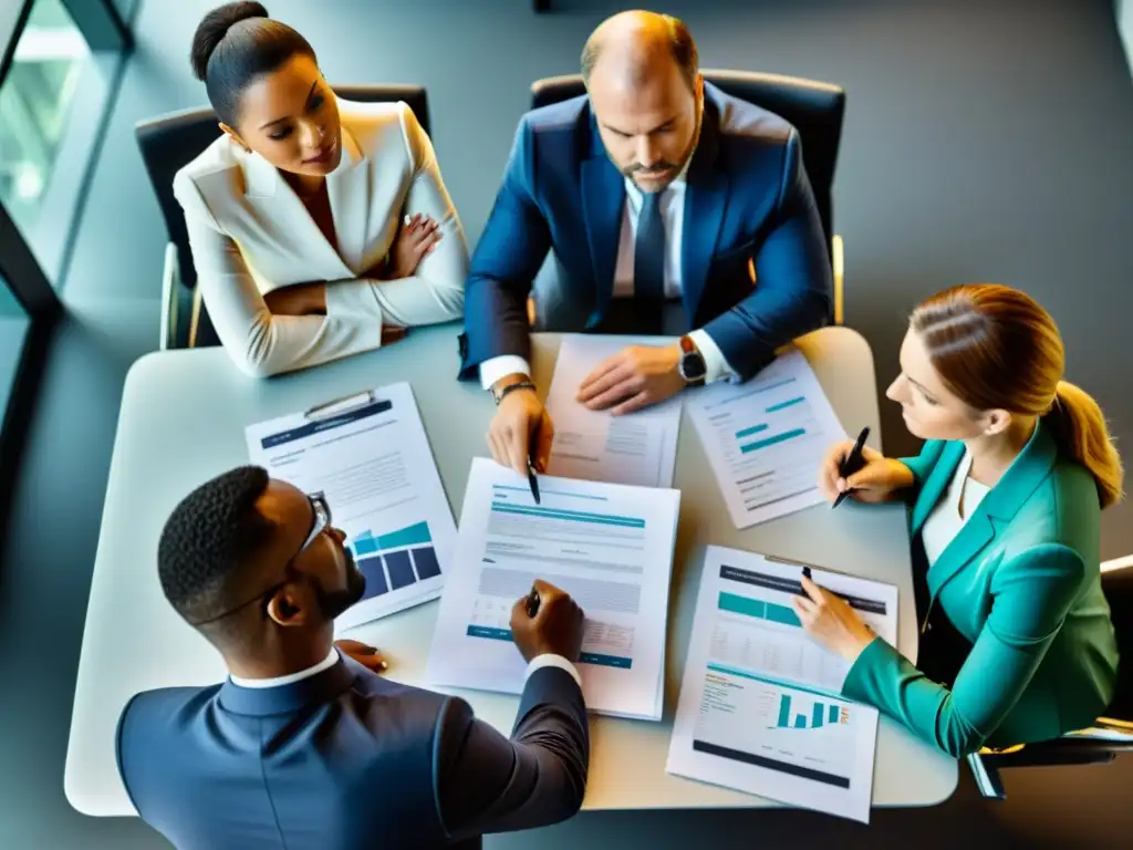 Equipo de expertos en impuestos revisando documentos financieros Profesionales en preparación auditorías fiscales impuestos directos revisan detalladamente documentos financieros en una oficina moderna y elegante