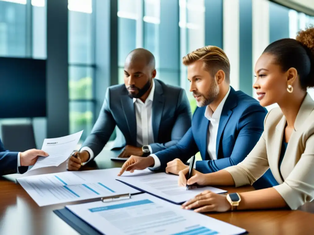 Profesionales debatiendo informes financieros en mesa moderna Profesionales discuten beneficios fiscales para situación tributaria en moderna sala de reuniones, enfatizando colaboración y trabajo en equipo