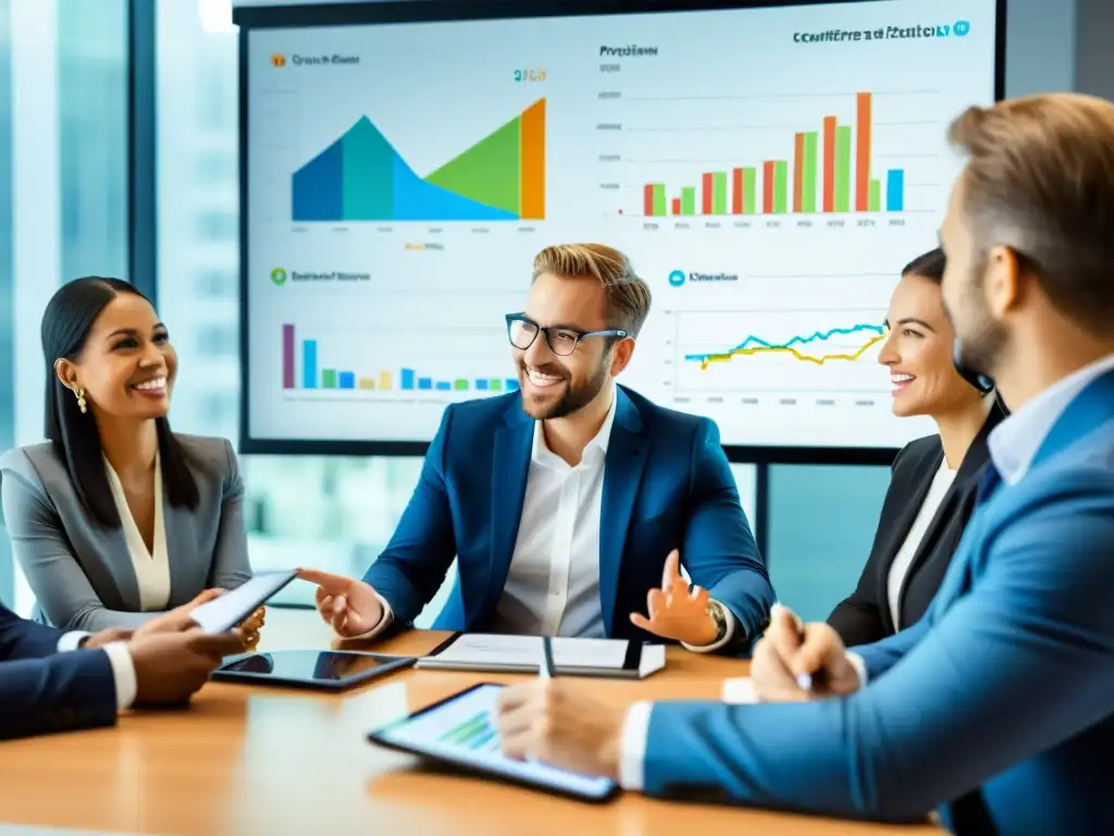 Profesionales discutiendo software de gestión fiscal Profesionales discuten sobre beneficios del software gestión tributaria en una sala moderna y luminosa, con gráficos en pantalla