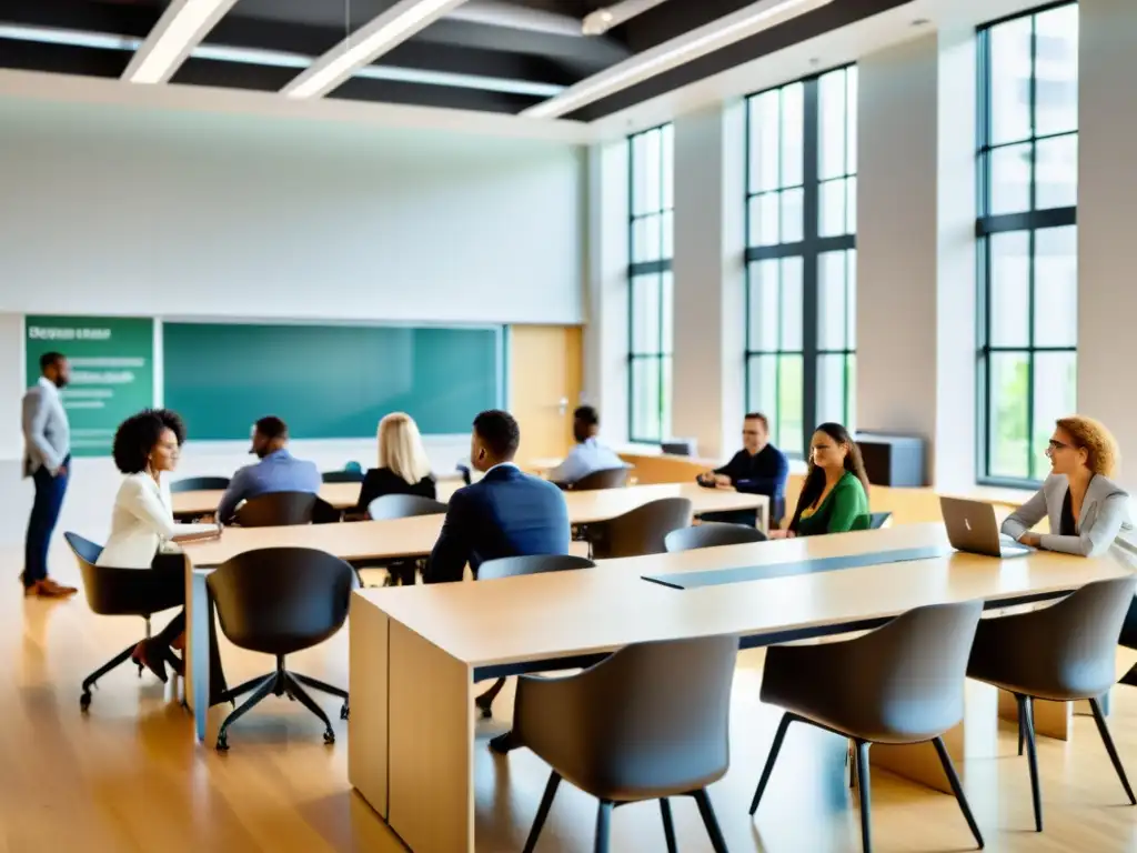Salón de clases moderno y dinámico para la educación en derecho tributario Profesionales en capacitaciones de derecho tributario en un aula moderna y luminosa, rodeados de tecnología educativa de vanguardia