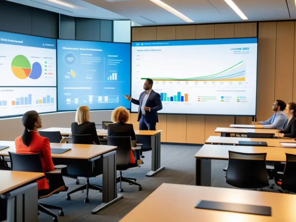 Entorno de aprendizaje dinámico para profesionales inmobiliarios Profesionales debaten claves fiscalidad sector inmobiliario en moderna aula con tecnología y luz natural