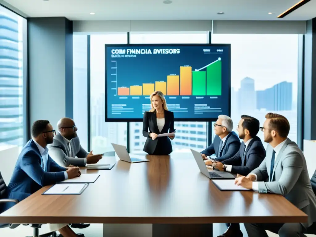 Reunión de asesores financieros y clientes: estrategias de inversión y planificación fiscal Profesionales y clientes en una oficina moderna discuten estrategias de inversión y planificación fiscal para optimizar inversiones