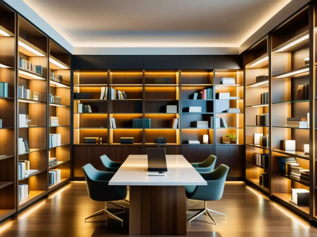 Despacho legal futurista con biblioteca de vanguardia Profesionales actualizándose en derecho tributario fiscal en una biblioteca futurista y minimalista
