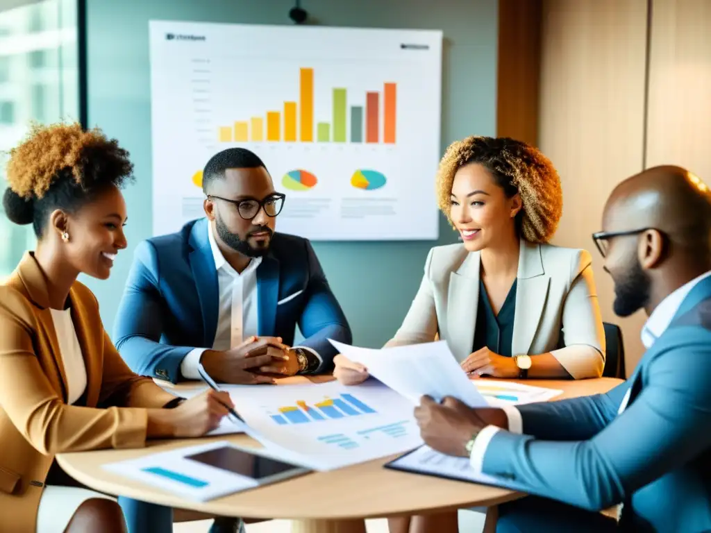 Reunión estratégica de profesionales en ambiente moderno de oficina Profesionales diversificados discuten estrategias empresariales en una sala iluminada, transmitiendo confianza y determinación