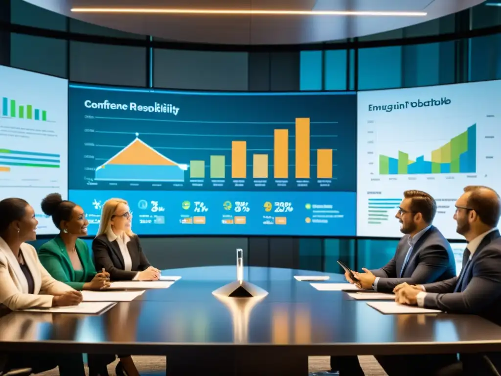 Profesionales debatiendo estrategias financieras Profesionales diversificados discuten el principio de control fiscal protección, con gráficos proyectados