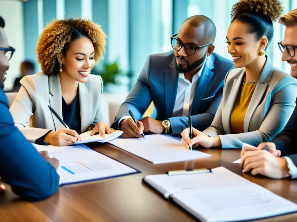 Reunión estratégica de profesionales: diversidad y colaboración Profesionales diversificados en reunión estratégica de planificación fiscal sucesión empresarial PYME en moderna oficina con luz natural