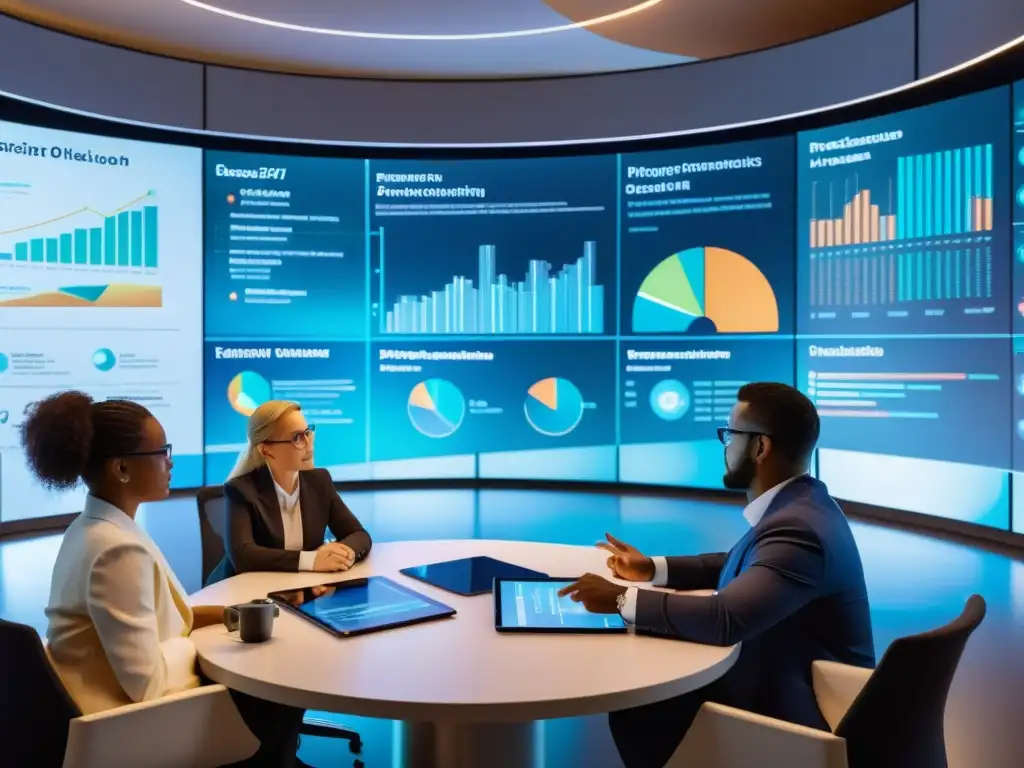 Profesionales en sesión de brainstorming con tecnología futurista Profesionales diversificados colaboran en sesión de lluvia de ideas, rodeados de datos financieros proyectados