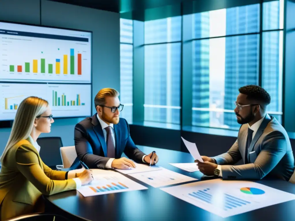 Revisión profesional de documentos financieros para auditorías fiscales Profesionales revisan minuciosamente documentos financieros en una oficina moderna, preparándose para auditorías tributarias preventivas DIAN