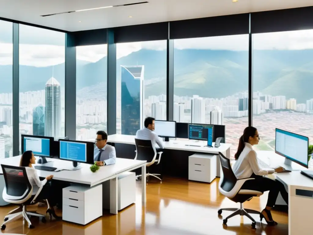 Profesionales analizan documentos fiscales en oficina moderna en Colombia Profesionales analizan documentos tributarios en una oficina moderna en Colombia