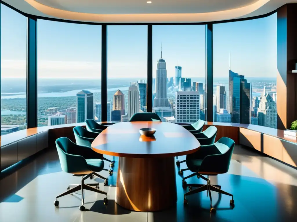 Sala de reuniones elegante con vista a la ciudad y profesionales discutiendo estrategias financieras Profesionales en una elegante sala de juntas con vista a la ciudad, discutiendo sobre la planificación fiscal para grandes patrimonios