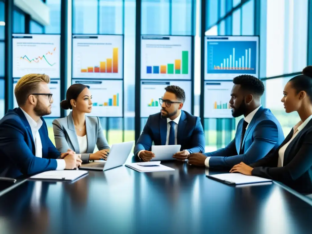 Reunión estratégica sobre regulaciones fiscales digitales Profesionales enfocados discuten las regulaciones fiscales para negocios digitales en una sala moderna y luminosa