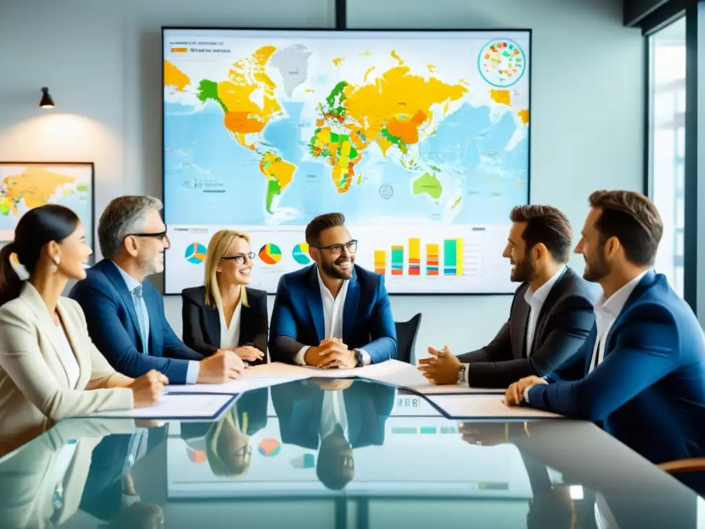 Profesionales españoles debaten estrategias de negocios internacionales Profesionales españoles en una reunión de negocios, discutiendo estrategias internacionales