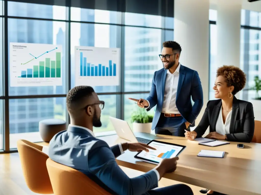 Profesionales discutiendo estrategias fiscales en una oficina moderna Profesionales discuten estrategias diferimiento tributario legal en oficina moderna y luminosa con tecnología y gráficos