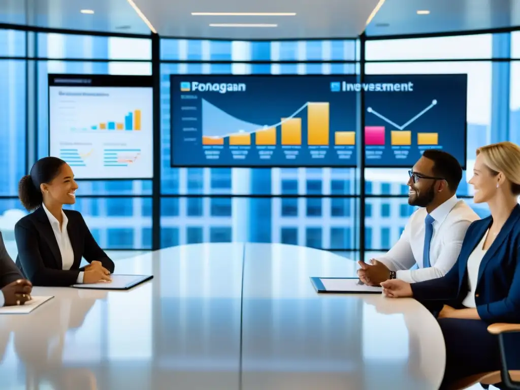 Profesionales debatiendo estrategias de inversión en una oficina moderna Profesionales discuten estrategias de inversión y planificación financiera en una moderna sala de juntas