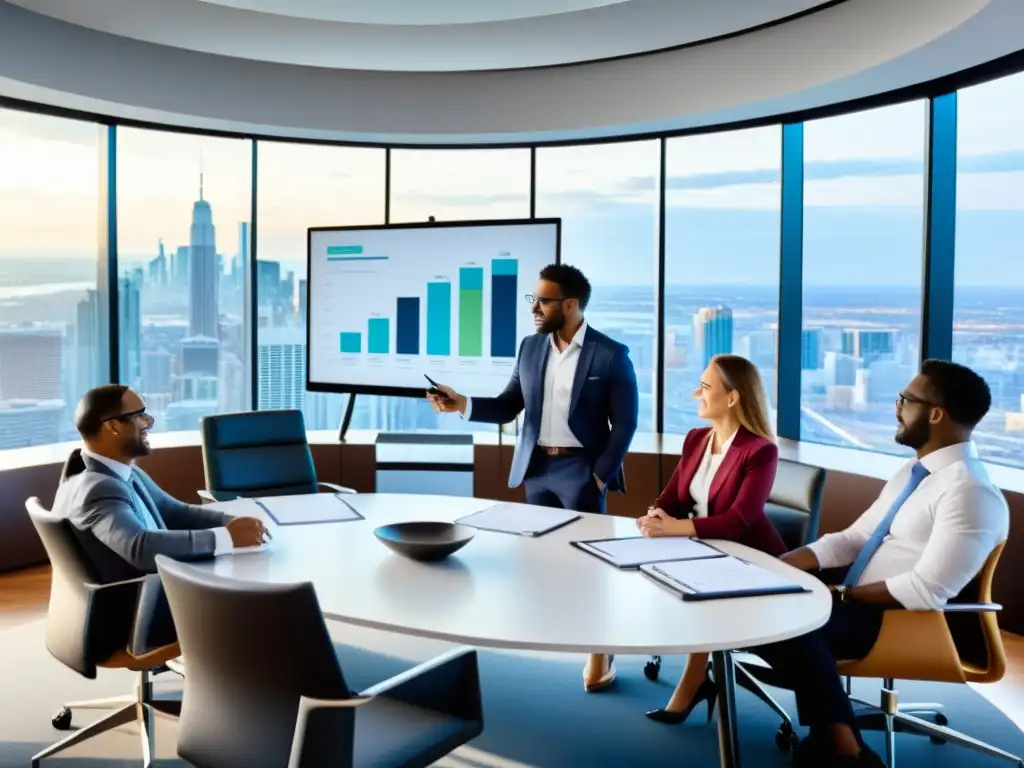 Estrategias fiscales: Consejo financiero en la ciudad Profesionales debatiendo estrategias de planificación fiscal inteligente en una moderna oficina con vistas a la ciudad en España