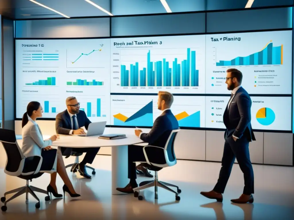 Estrategias de planificación fiscal: Profesionales en acción Profesionales discuten estrategias de planificación fiscal inteligente en España en una oficina moderna, con gráficos en pantallas de fondo