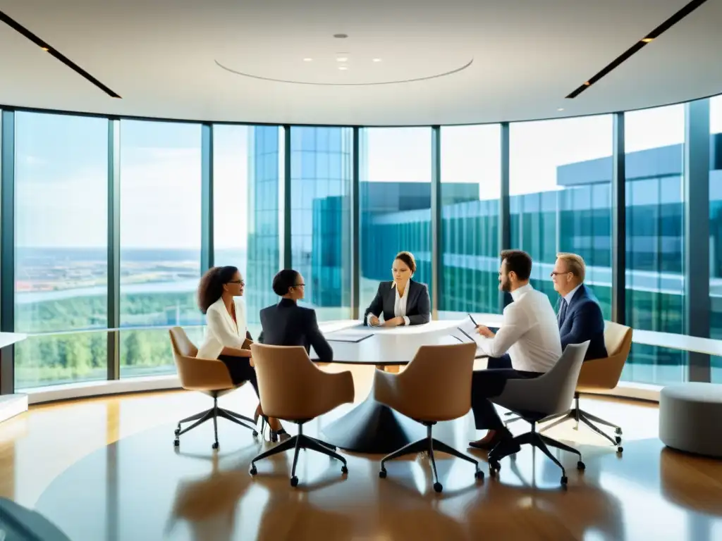 Estrategias de optimización fiscal: Profesionales en Sala de Juntas Profesionales debatiendo estrategias de optimización fiscal en una sala de juntas moderna