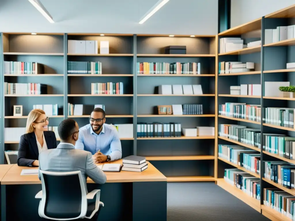 Profesionales analizan estrategias fiscales en oficina moderna Profesionales discutiendo estrategias fiscales empresariales, rodeados de publicaciones periódicas especializadas en un moderno entorno de oficina