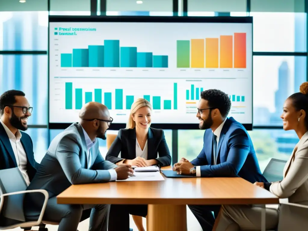Profesionales colaborando: Estrategias fiscales para PYMES Profesionales colaborando en estrategias fiscales para pymes en una oficina moderna con gráficos en pantallas digitales