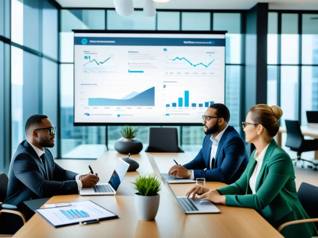Profesionales expertos en sesión de planificación fiscal innovadora Profesionales colaborando en estrategias fiscales para pymes en una oficina moderna y luminosa, mostrando profesionalismo e innovación
