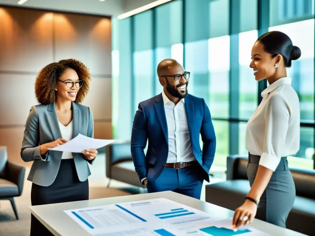 Expertos en planificación fiscal: colaboración y profesionalismo Profesionales discuten estrategias de reducción legal de impuestos efectiva en una oficina elegante y bien iluminada