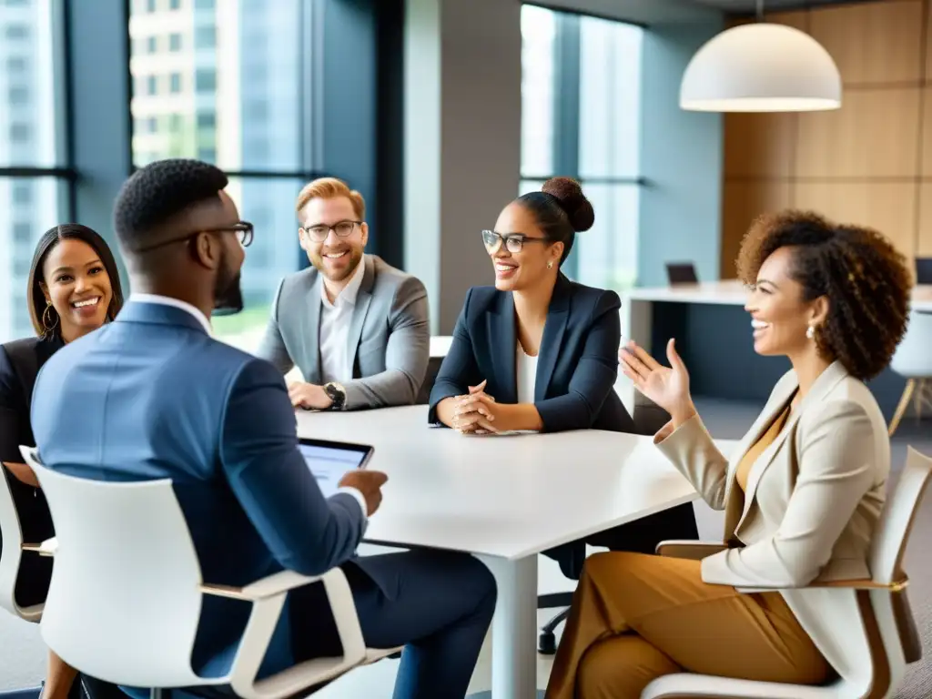 Profesionales colaborando en estrategias financieras Profesionales de diversas etnias y géneros colaboran en estrategias legales para minimizar ISR en una oficina moderna y sofisticada